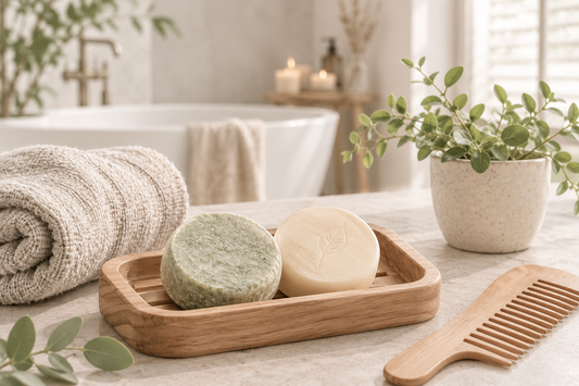 Shampoo bar en vaste conditioner van Magrada Organic Cosmetics op een houten zeepbakje in een natuurlijke badkamer