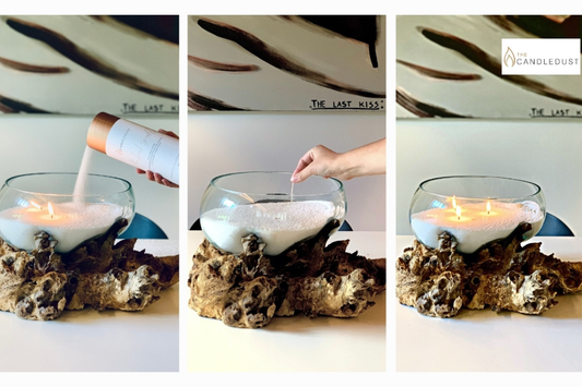 Candledust poederkaars maken door een lont in poederwax te plaatsen in een glazen pot