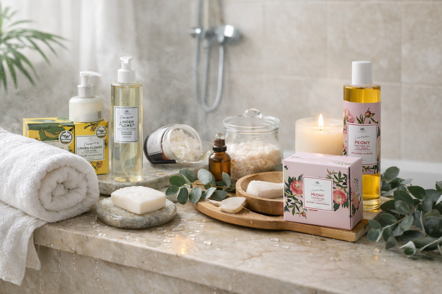 Bad- en doucheproducten van Magrada Organic Cosmetics, waaronder shower gel, body oil, zeep en bath bomb, gepresenteerd op een natte marmeren rand in een badkamer met kaars en handdoeken