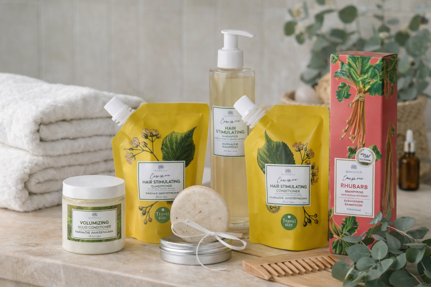 Haarverzorgingsproducten van Magrada Organic Cosmetics, waaronder shampoo, conditioner, haarmasker en solid conditioner, gepresenteerd op een marmeren oppervlak met handdoeken en haaraccessoires