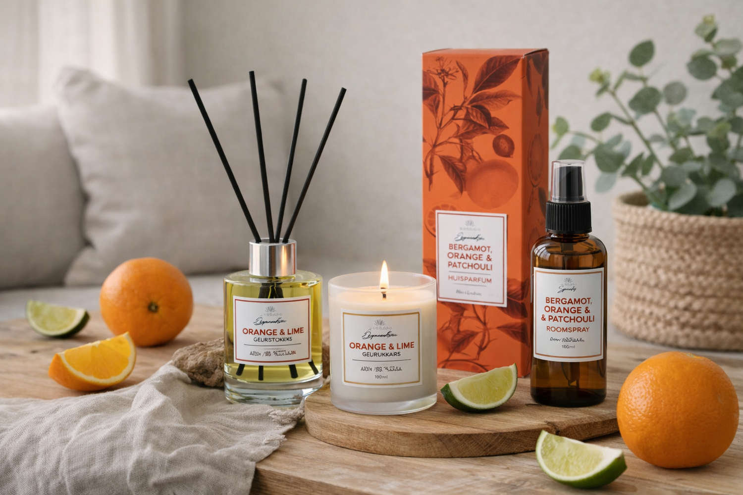 Geurstokjes, geurkaars en roomspray van Magrada met sinaasappel en limoen, gepresenteerd op een houten tafel met citrusvruchten in een rustige woonomgeving