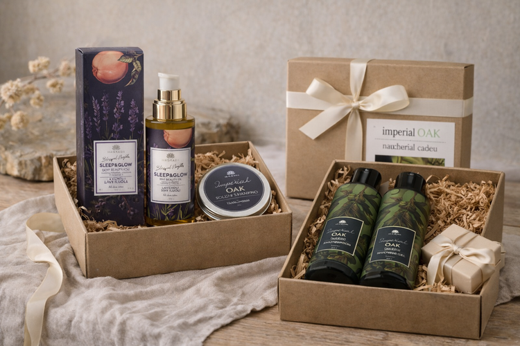 Natuurlijke cadeausets NatuurlijkZeepje met producten van Magrada Organic Cosmetics met verzorgingsproducten voor huid en haar, verpakt in doosjes met lint en gepresenteerd op een houten oppervlak