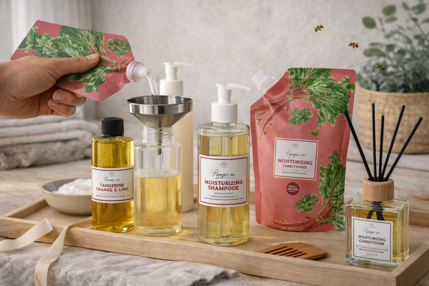 Navulbare verzorgingsproducten van Magrada Organic Cosmetics, met refill shampoo en conditioner die worden overgegoten in flacons, gepresenteerd op een houten dienblad in een rustige setting