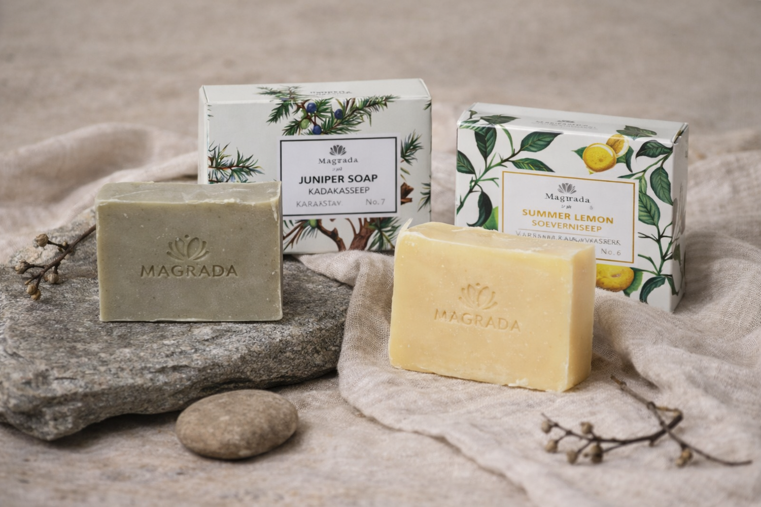 Handgemaakte zeepbars van Magrada Organic Cosmetics met juniper en citroen, gepresenteerd op natuursteen en linnen met bijpassende verpakking op de achtergrond