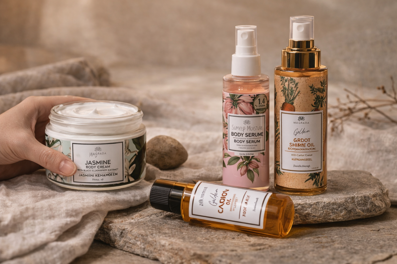 Body care producten van Magrada Organic Cosmetics, waaronder body cream, body serum en body oil, gepresenteerd op natuursteen en linnen in een rustige setting