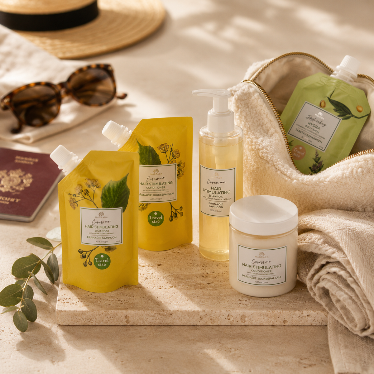Travel Essentials met natuurlijke verzorgingsproducten van Magrada Organic Cosmetics voor onderweg